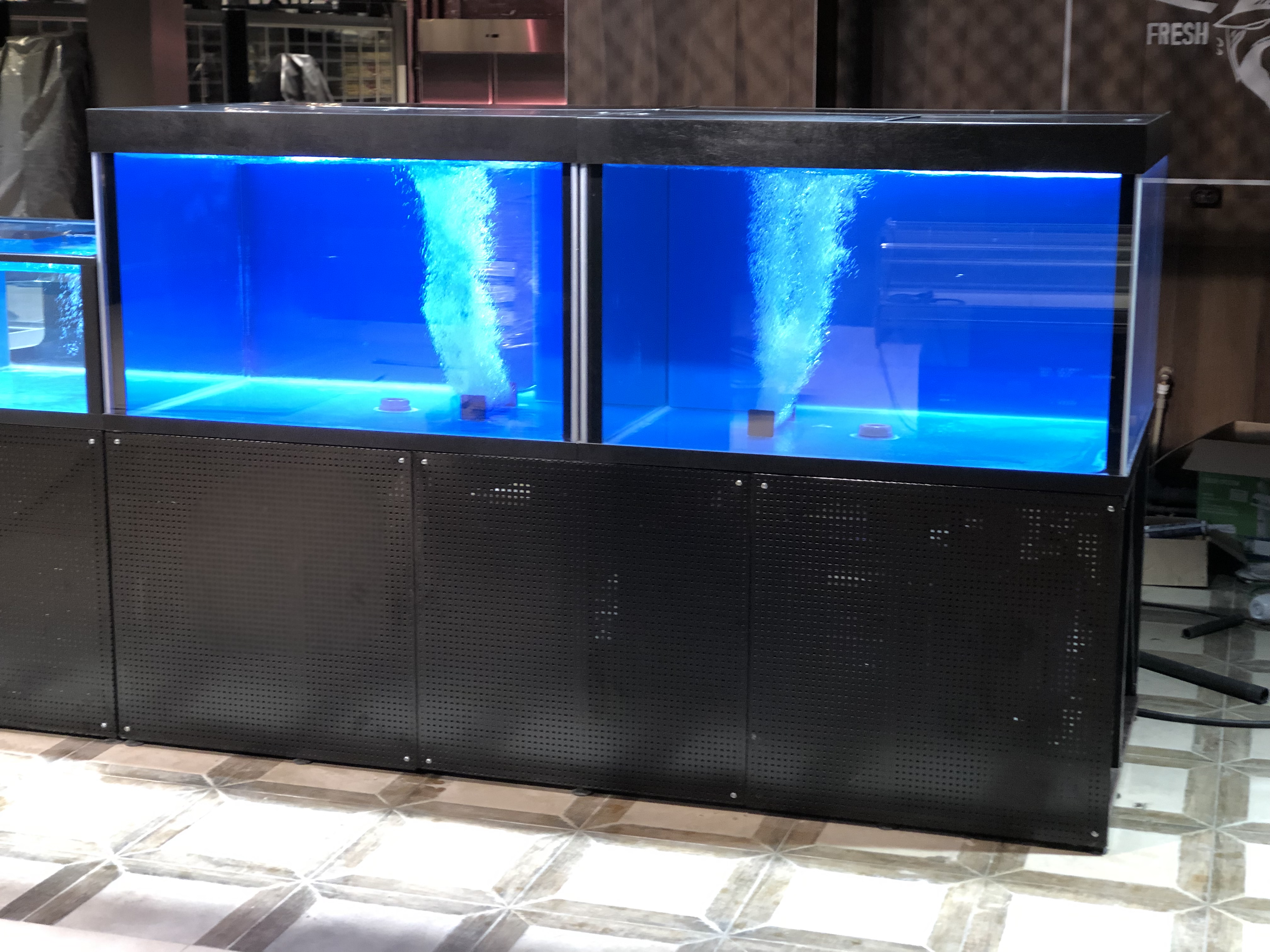 Аквариум и витрины для моллюсков и системы передержки узв для морепродуктов