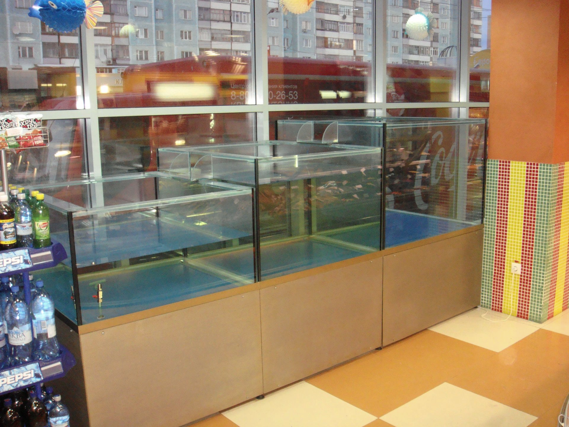 Аквариум и витрины для моллюсков и системы передержки узв для морепродуктов